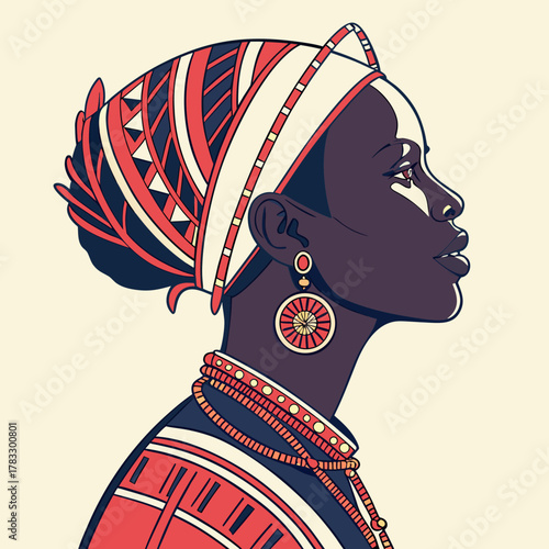 Elegant woman in traditional african attire with intricate jewelry and headdress