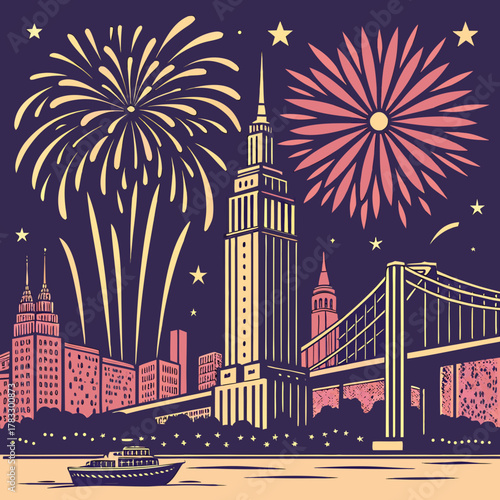 Festive new york city skyline with fireworks illuminating the night sky