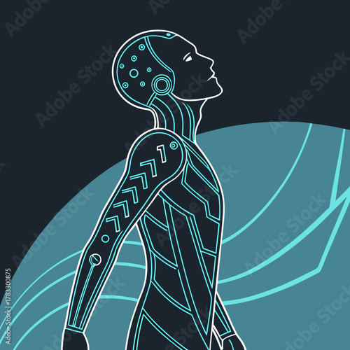 Futuristic humanoid robot with glowing lines looks up to the future