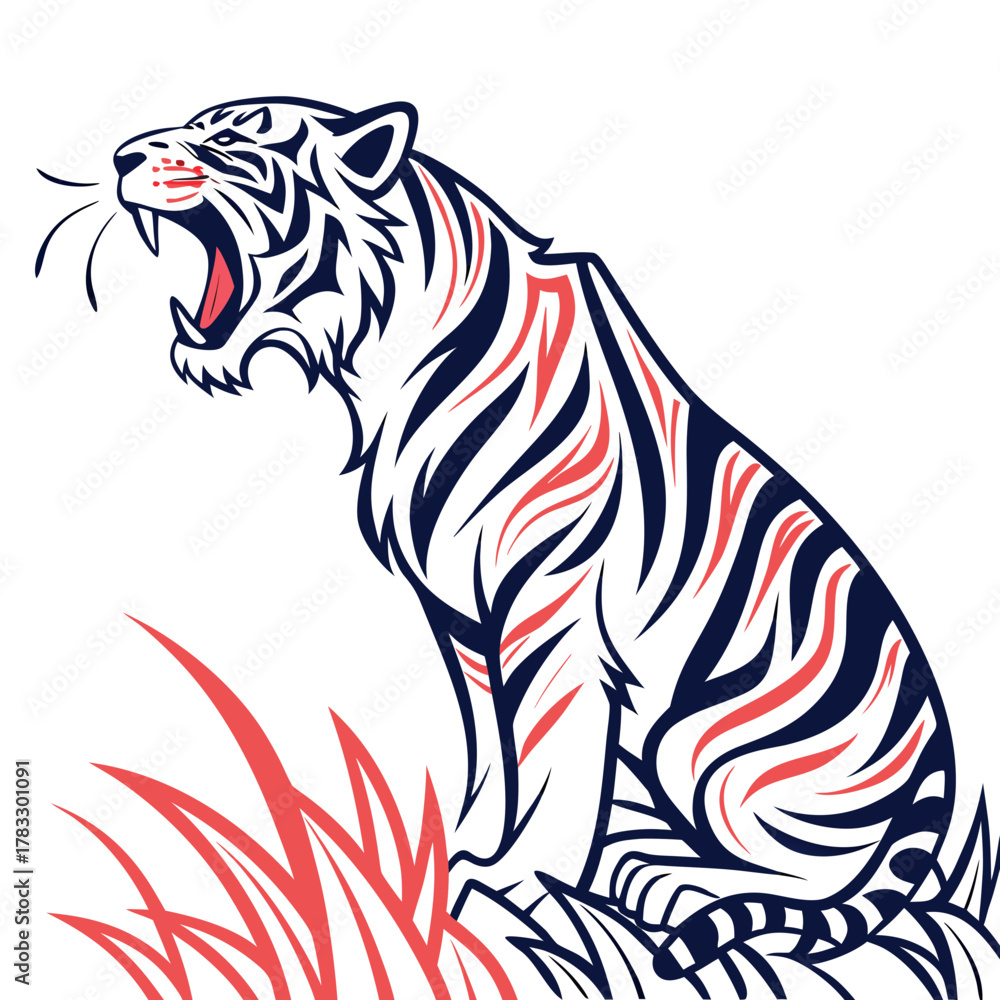 Obraz premium Roaring tiger with stripes sitting on grass