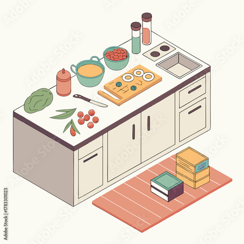 Isometric view of a kitchen counter with food preparation