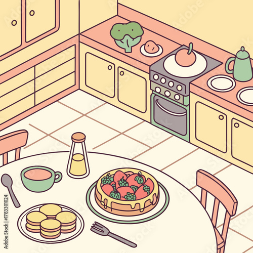 Isometric view of a kitchen with food on the table and stove top