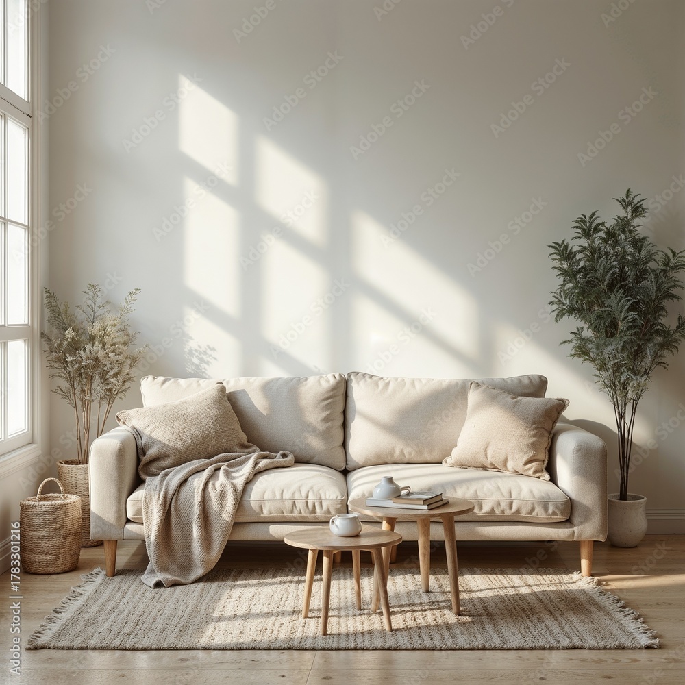 Fototapeta premium Minimalist living room interior neutral style in warm light showcasing cozy elegance 