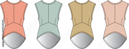 Set of women's sleeveless top technical fashion flat sketches. Vector illustration of a high neck tank with a curved hem in four colorways, front and back view template for design