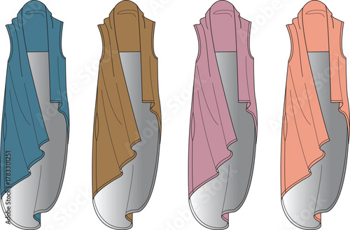 Collection of women's sleeveless draped open-front cardigan vests, fashion flat technical illustration in multiple colorways