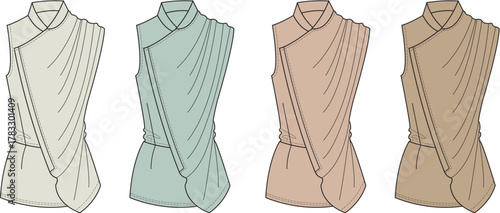 Four draped tops in different colors - beige, light green, tan, and brown, presented as fashion sketches