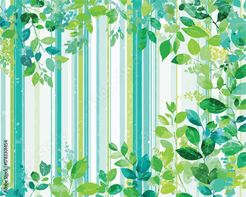 Vetor de fundo com folhagens verdes e listras verticais em tons de azul e verde para design primaveril.