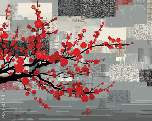 Vetor artístico de galho de cerejeira com flores vermelhas vibrantes sobre fundo abstrato cinza e texturizado.