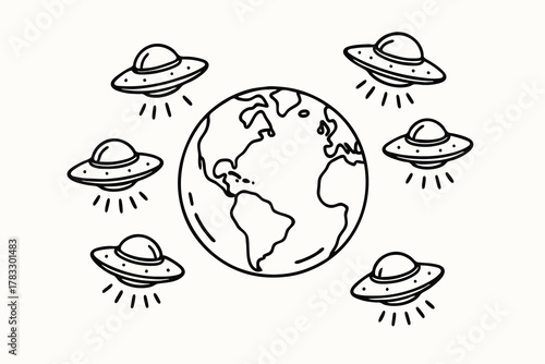 Multiple ufo alien ships surrounding planet Earth