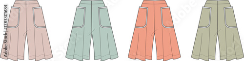 Collection of stylish women's wide-leg culotte pants fashion flats in various pastel colors, showcasing detailed garment design and apparel technical drawing for clothing patterns