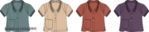 Collection of Four Short-Sleeved Casual Tops in Different Colors with Collared Necklines and Pocket Details