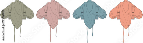 Collection of four hooded jackets in different muted colors laid flat, showcasing a modern casual style