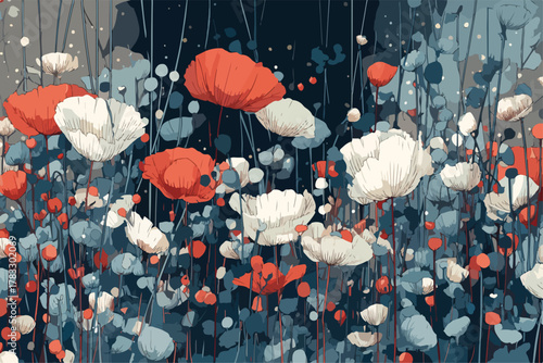 Vetor artístico de um campo de papoulas vermelhas e brancas em estilo abstrato com fundo escuro e texturizado.