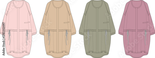 Set of women's oversized hooded parka jacket technical fashion flat sketches. Vector illustration template in four different colorways for apparel design