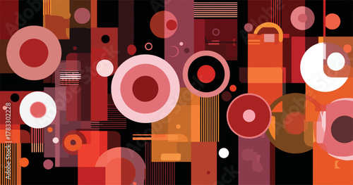 Fundo abstrato com formas geométricas circulares e retangulares em tons quentes de vermelho e laranja.