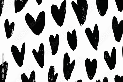 Padrão abstrato de corações pretos desenhados à mão em fundo branco, ideal para design romântico.
