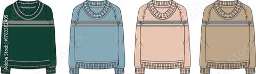 Collection of diverse flat fashion illustrations showcasing long-sleeve V-neck sweaters in various modern colors, ideal for apparel design, mockups, and wardrobe concepts