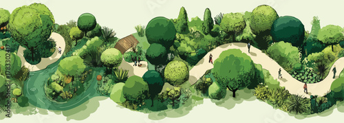 Vetor de vista aérea de um parque verde com trilha sinuosa e pessoas caminhando entre árvores frondosas.