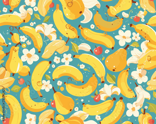 Padrão vetorial vibrante com bananas amarelas, peras e flores brancas sobre fundo azul-petróleo.