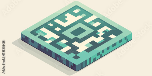 Vetor isométrico de placa quadrada pixelada em tons de verde-água, estilo videogame retrô.