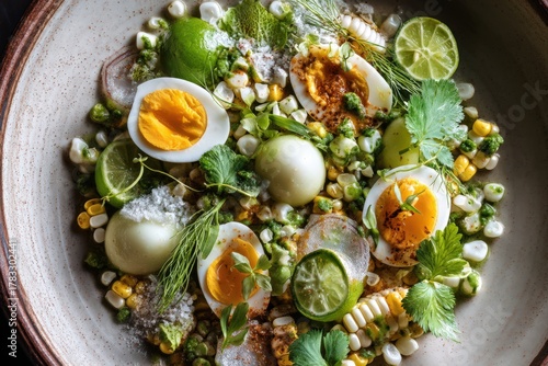 Culinary artistry embodying the essence of fresh ingredients with vibrant textures showcasing boiled eggs corn lime herbs and unique flavors in a gastronomic masterpiece