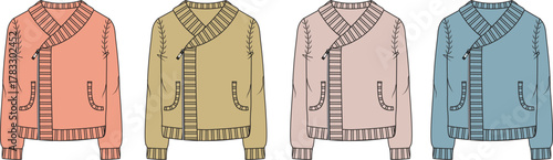 Fashionable knitwear cardigan jacket illustrations in various soft pastel colors including peach, beige, pink, and light blue