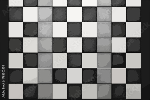 Textura vetorial de tabuleiro de xadrez clássico em preto e branco, padrão abstrato quadriculado e geométrico.