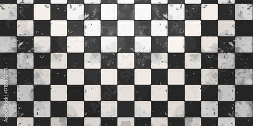 Fundo quadriculado preto e branco com textura grunge desgastada, padrão xadrez vintage para design.