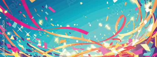 Vetor vibrante de confetes coloridos e serpentinas caindo sobre fundo azul turquesa festivo.