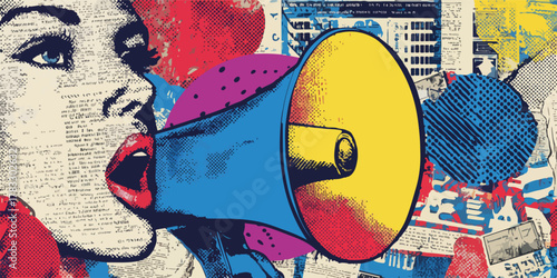 Arte pop vetorial vibrante de mulher gritando em megafone com fundo de colagem e texturas