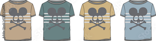 Set of four cartoon-style t-shirts featuring a stylized mouse-like character with crossed bones, in various color combinations