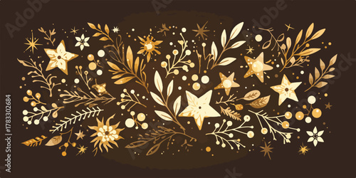 Vetor elegante de arranjo floral dourado com estrelas e folhagens em fundo marrom escuro para decoração.
