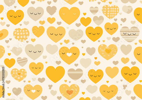 Padrão vetorial de corações amarelos e bege com rostos sorridentes em fundo claro, ideal para Dia dos Namorados.
