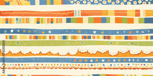 Coleção de fitas decorativas coloridas em estilo artesanal, com padrões listrados e rendados para artesanato.