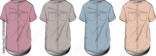 Set of fashion technical flat sketches showing a women's short sleeve shirt with a band collar and chest pocket, presented in various colorways for apparel design