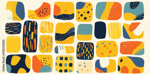 Vetor abstrato com formas orgânicas e texturas em tons terrosos e azul marinho, estilo moderno.