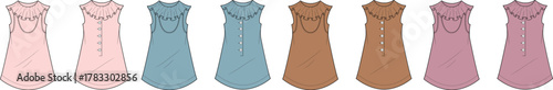 Flat Technical Sketches Women's Casual Dresses and Nightgowns with Ruffled Collars. Diverse Pastel Color Collection for Apparel Design