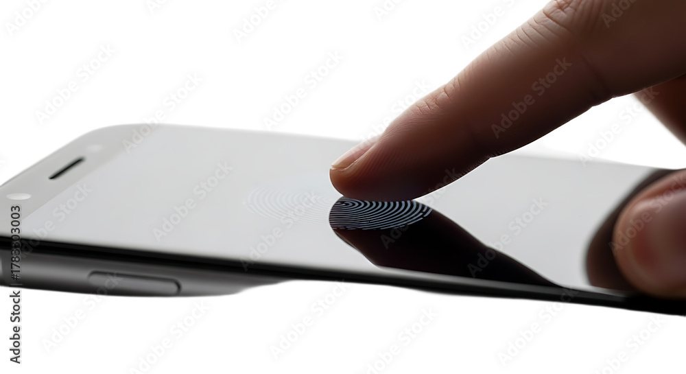 Fototapeta premium Fingerprint scan on a smartphone screen showing security and technology in a close up perspective