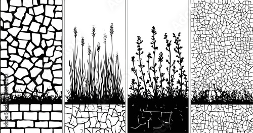 Coleção de padrões vetoriais monocromáticos com texturas de parede, solo e silhuetas de plantas, ideal para design gráfico.