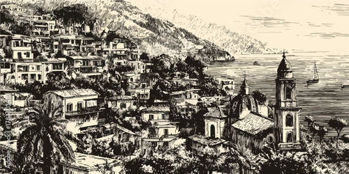 Ilustração vetorial vintage de uma pitoresca vila costeira mediterrânea com casas e uma igreja à beira-mar, evocando charme histórico.