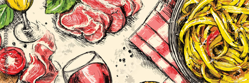 Ilustração vetorial detalhada de uma mesa farta com iguarias italianas clássicas como massa, presunto e vinho.