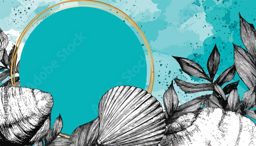 Elegante composição vetorial com conchas marinhas e folhagens tropicais em tons de azul-turquesa, perfeita para fundos de verão e design costeiro.