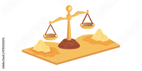 Golden scales of justice on soil symbolic law balance conceptual artistic composition.