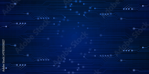 Abstract AI circuit board background. Technology connected blue lines with electronics elements on tech bg. Computer motherboard with a chip, processor, and semiconductor.