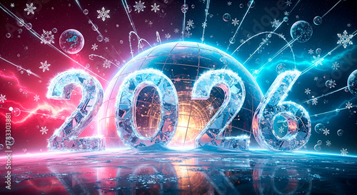 New Year 2026 is a futuristic card featuring planet Earth and glowing numbers against a pink and blue cosmic background. A modern, vibrant holiday illustration.