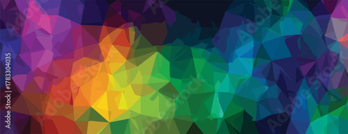 Um vibrante fundo poligonal abstrato com um gradiente de cores do arco-íris, ideal para design gráfico e projetos digitais modernos.