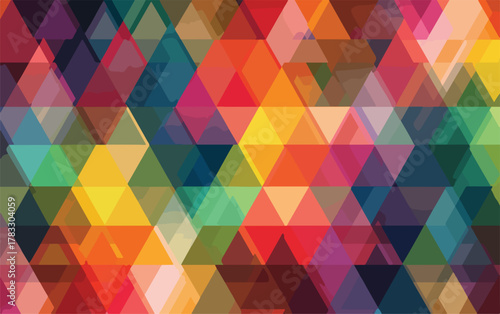 Padrão abstrato vibrante de triângulos translúcidos sobrepostos, criando uma textura geométrica colorida e dinâmica.