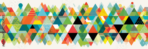 Padrão abstrato vibrante composto por múltiplos triângulos coloridos e geométricos, criando uma textura moderna e dinâmica para fundos digitais.