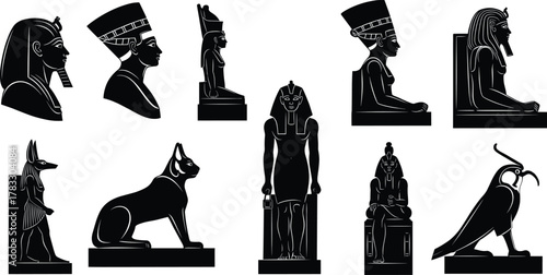 Ancient Egyptian silhouette set, black vector icons, mythology figures, pharaohs and gods, historical design, cultural symbols, flat illustration, sacred art
