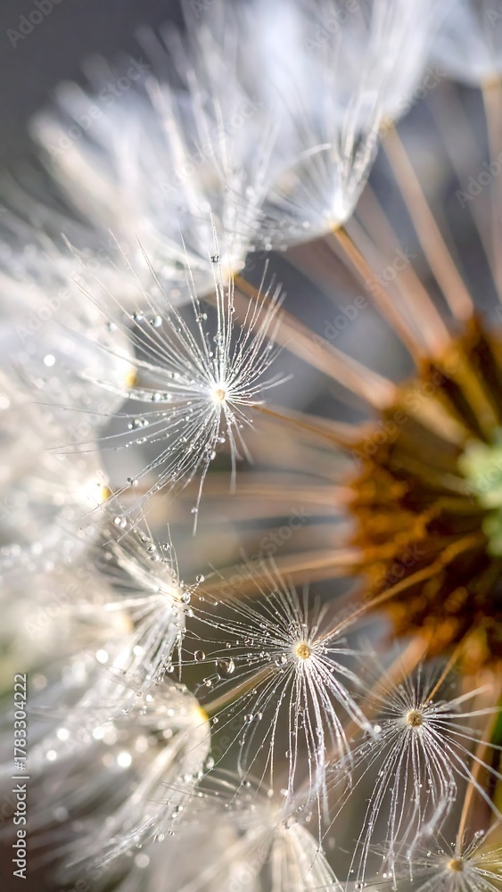 Fototapeta premium Close-up view of a dandelion seed head with delicate, water droplet-covered details